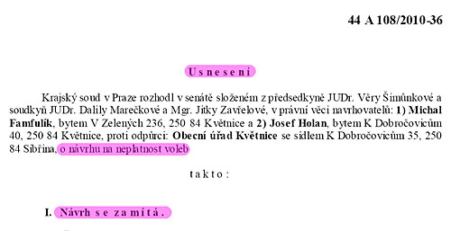 Usnesení soudu k platnosti voleb 2010 v Květnici - výtah z rozhodnutí 1